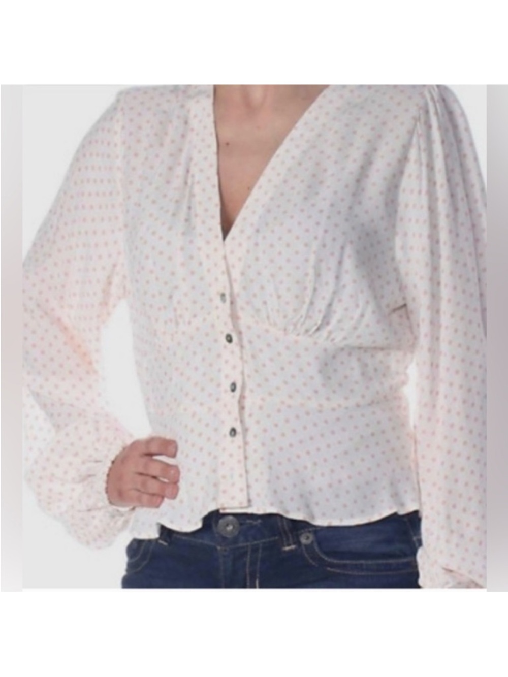 Free People White V-Neck Button-Front Blouse with Subtle Polka Dots